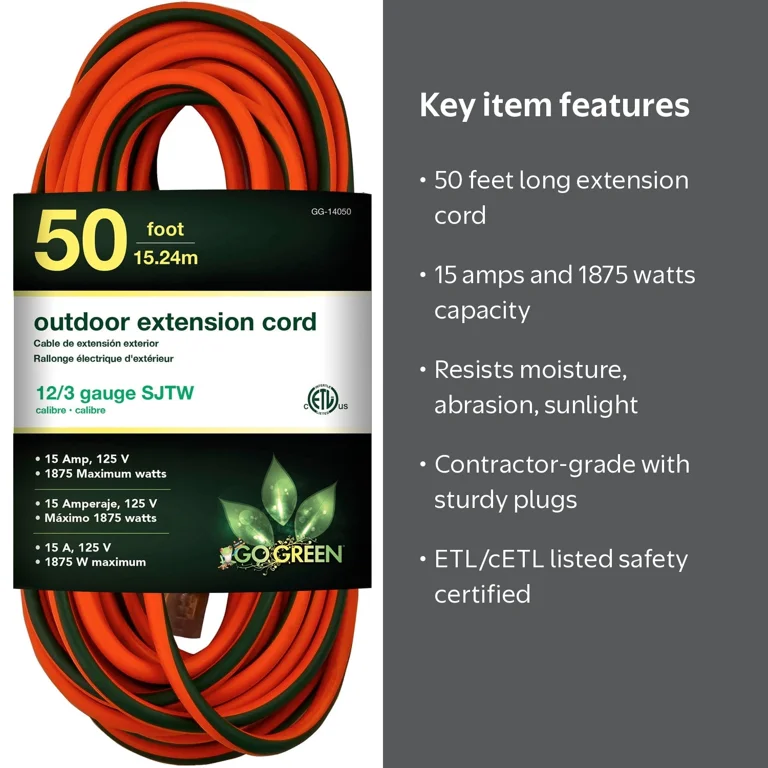 GoGreen Power 12/3 50' GG-14050 Heavy Duty Extension Cord, Lighted