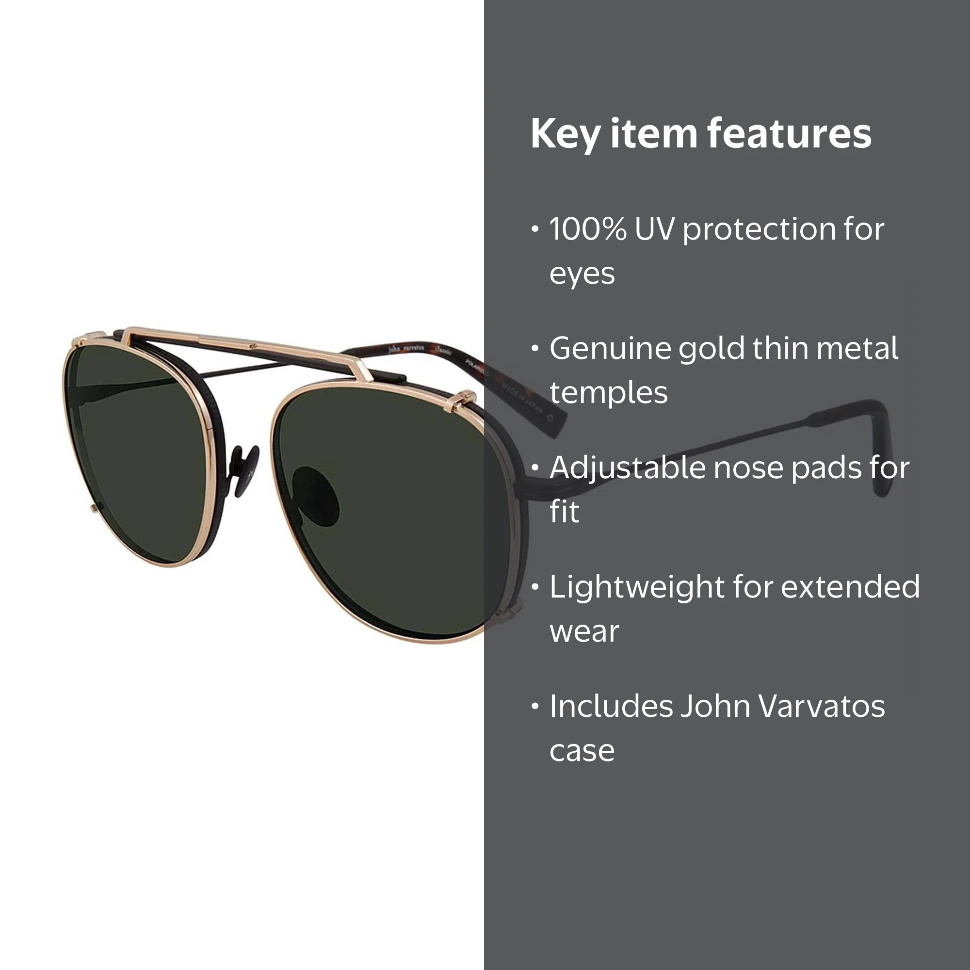 John Varvatos Mens Gold Metal Aviator Sunglasses, Green Lens, 100