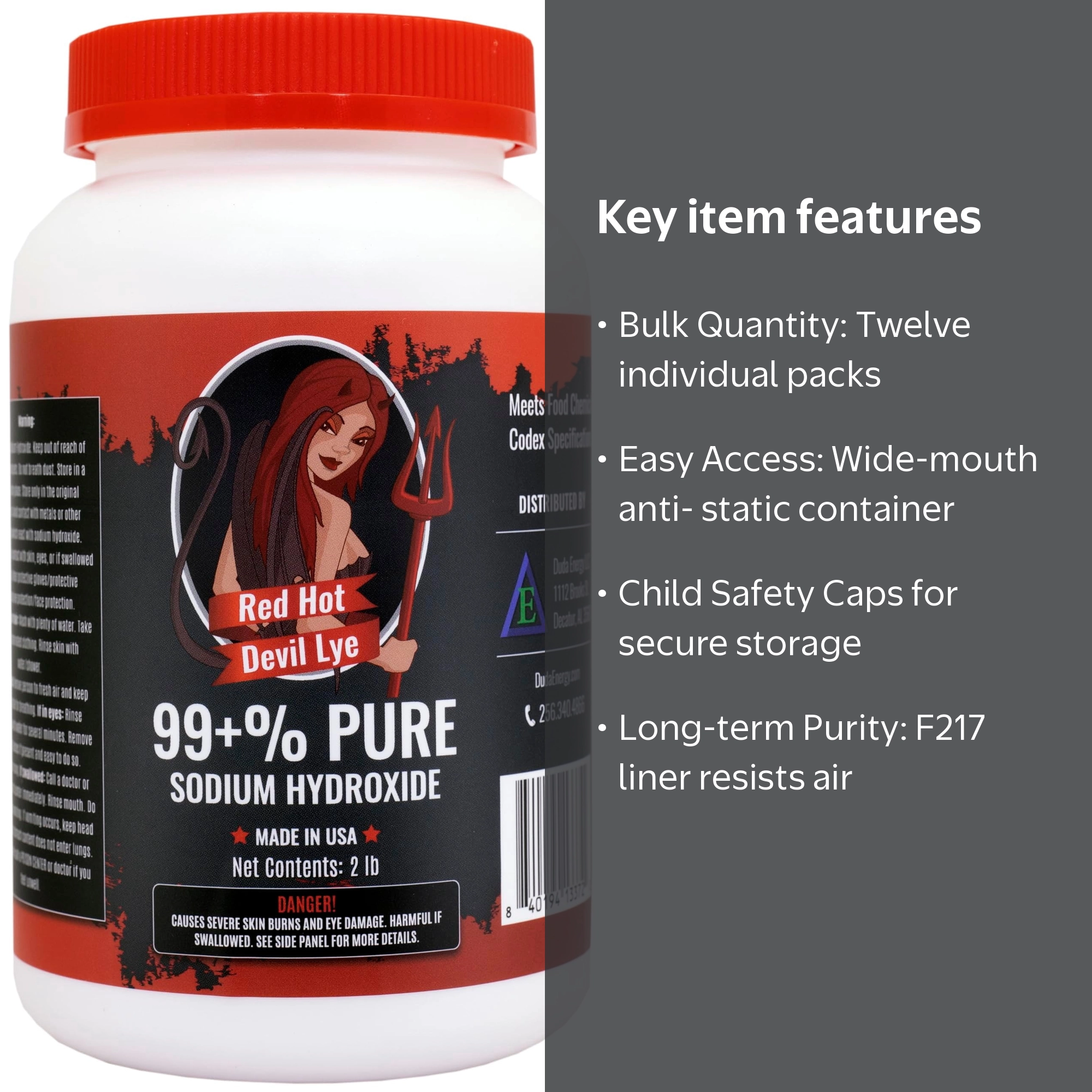 Duda Energy Red Hot Devil Lye - 99+% Pure Sodium Hydroxide, 12