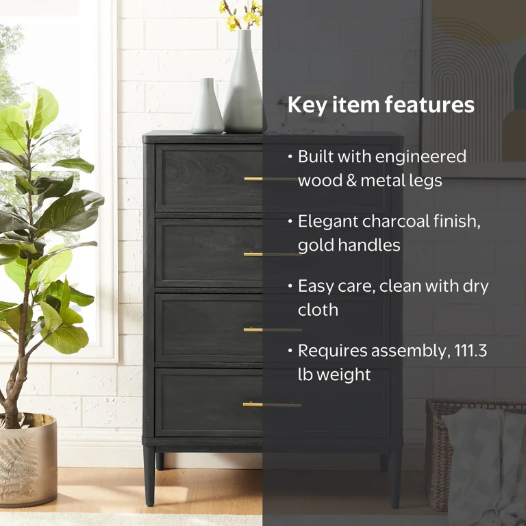 Better Homes & Gardens Oaklee 4 Drawer Dresser, Charcoal Finish