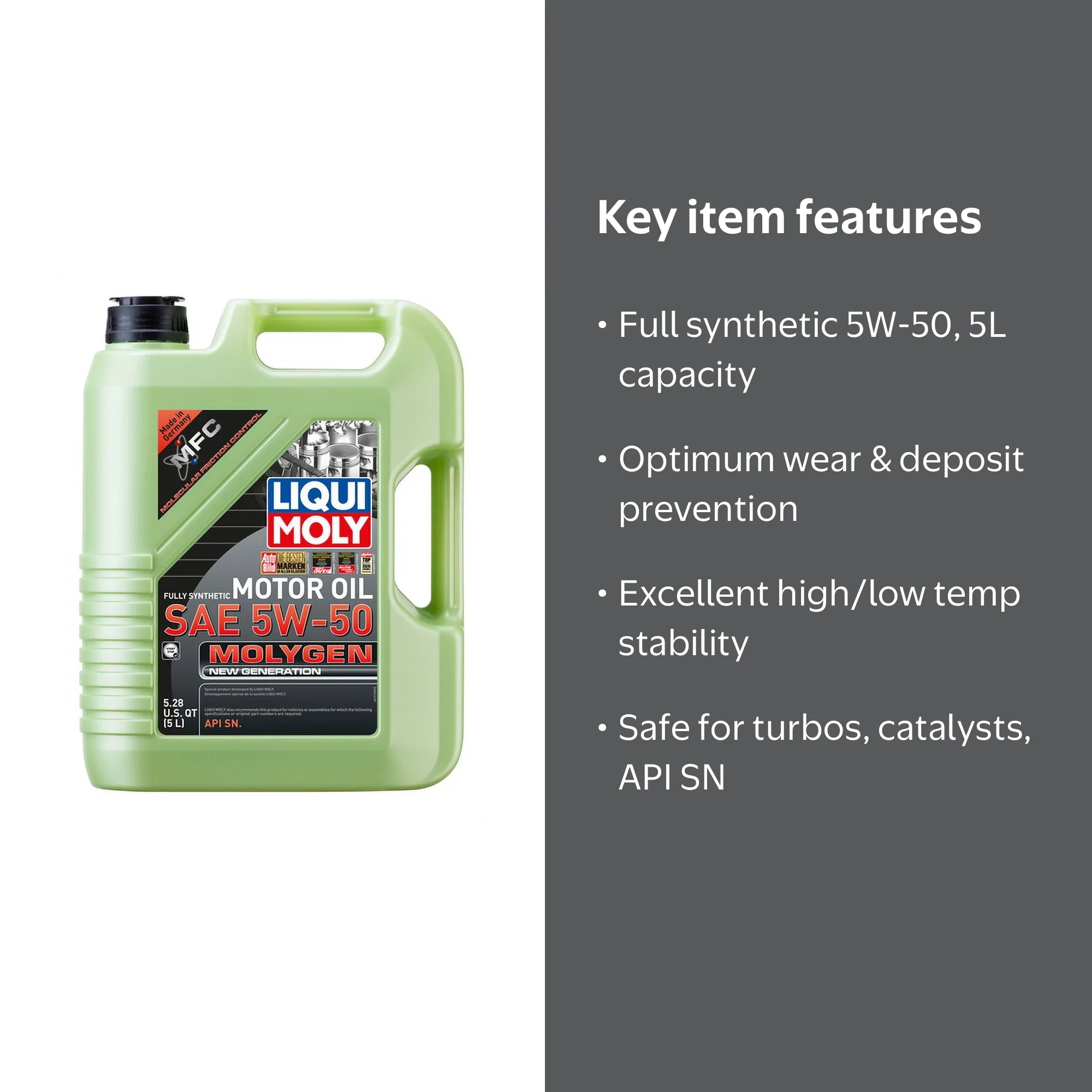 LIQUI MOLY, MOTOR OIL, MOLYGEN Full Synthetic 5W-50, 5L - Walmart.com