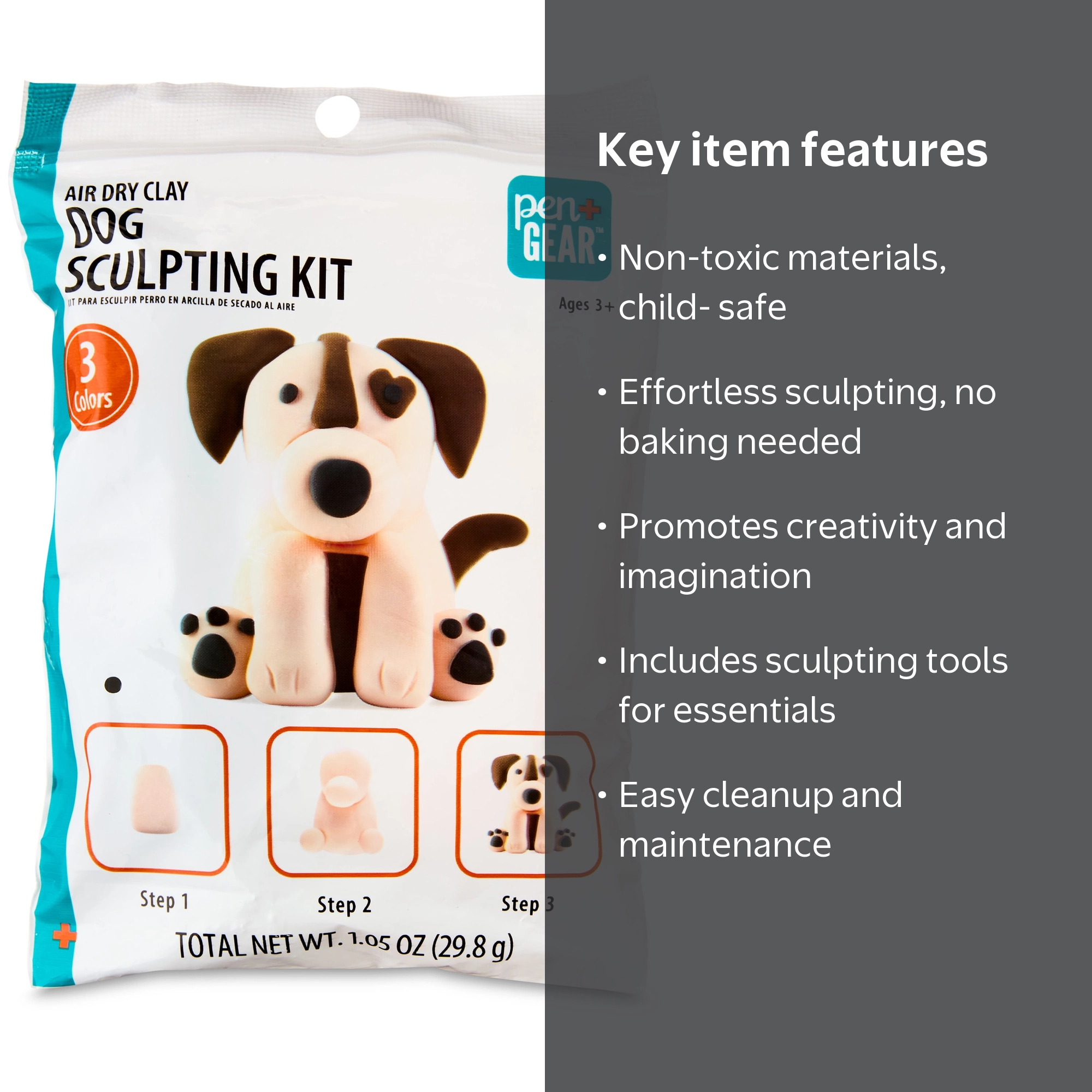 Pen+Gear Air Dry Clay Brown Dog Sculpting Kit, Includes 3 Colors