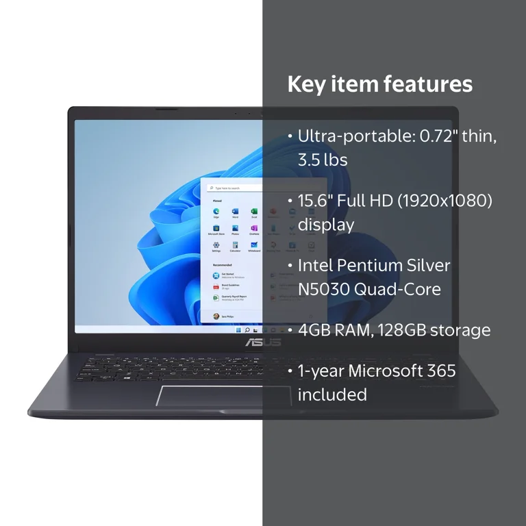 ASUS 15.6'' FHD Thin Laptop, Intel Pentium, 4GB, 128GB eMMC, Win
