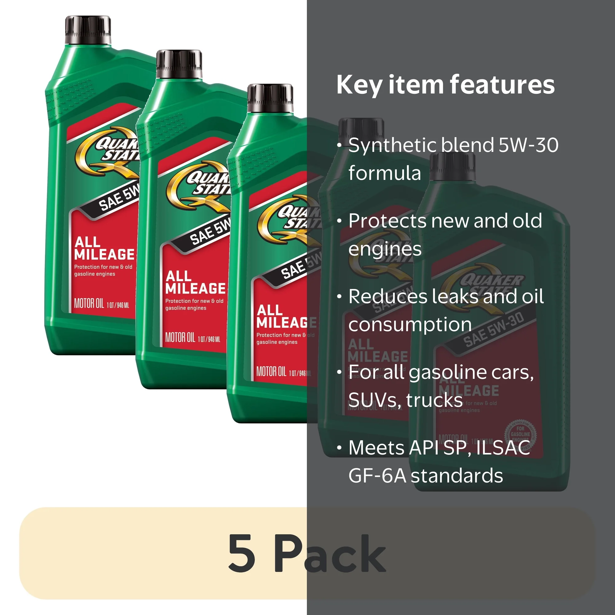 5 pack) Quaker State All Mileage 5W-30 Motor Oil, 1 Quart