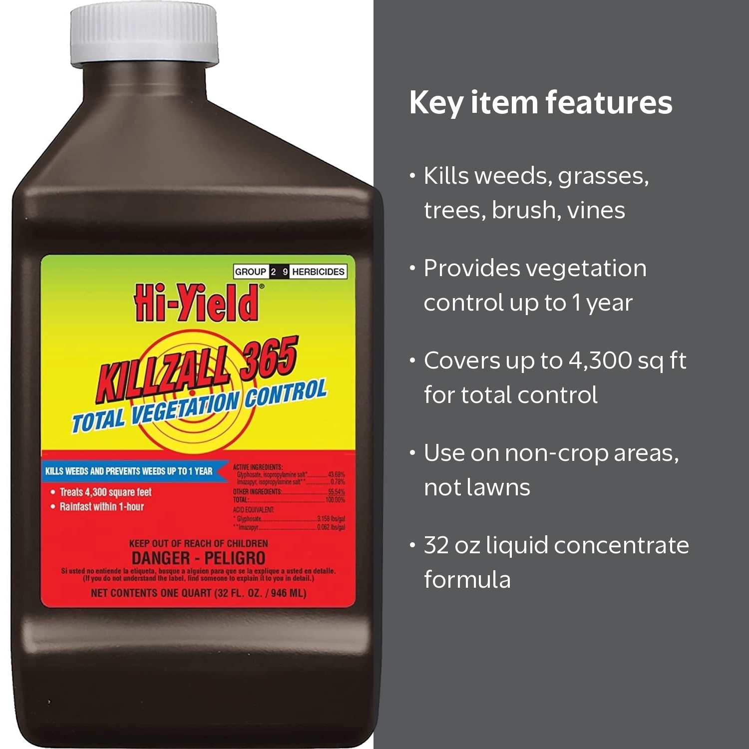 Kill grow出品 Hi-Yield, Killzall 365 Weed Killer, 32 oz, Treats up to 4,300 sq