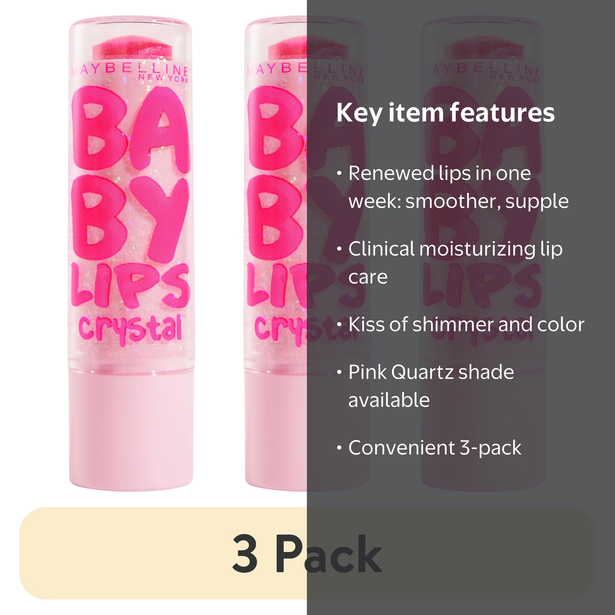 3 pack) Maybelline Baby Lips Crystal Moisturizing Lip Balm, Pink