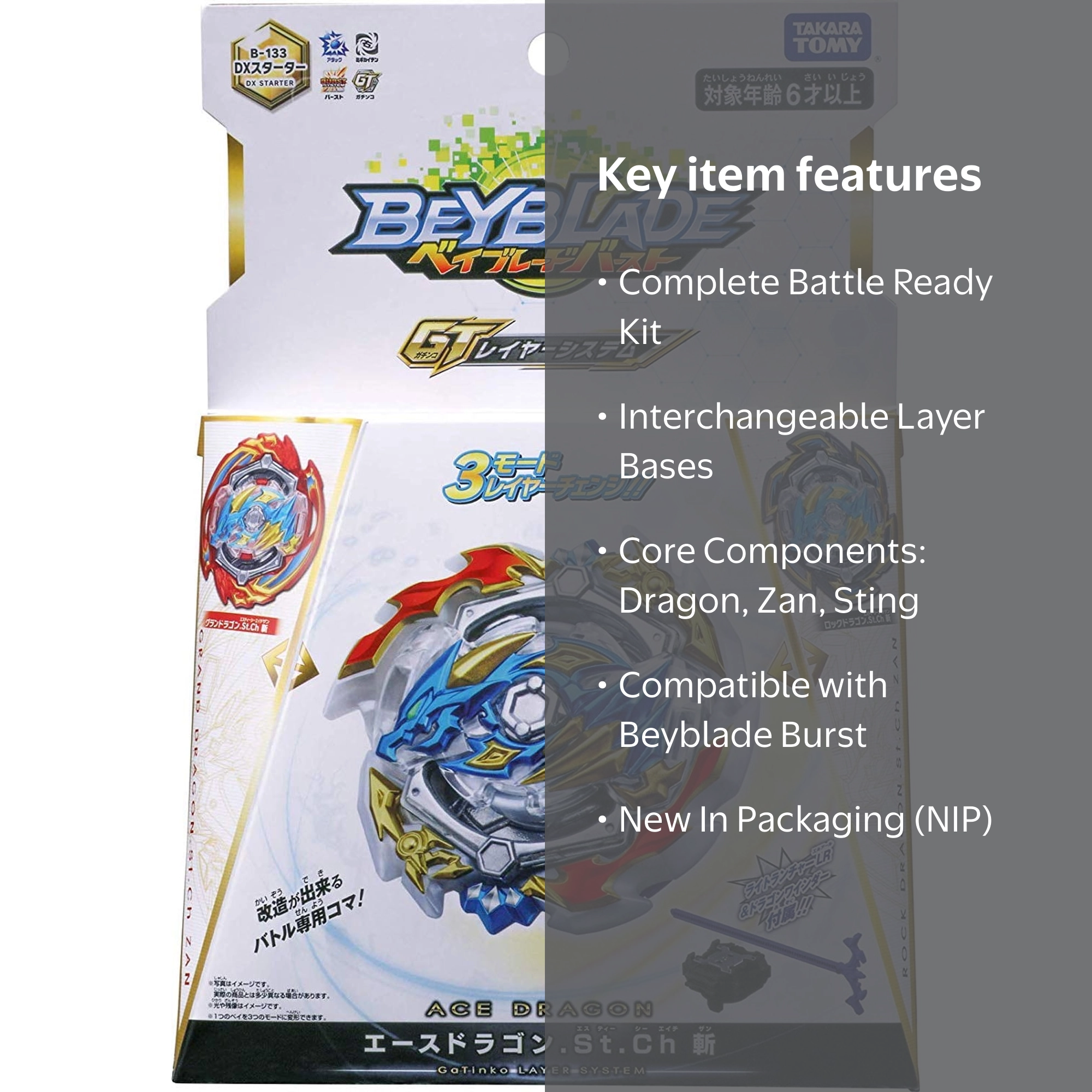 TAKARA TOMY Ace Dragon Sting Charge Zan Beyblade w/ Launcher, Rock