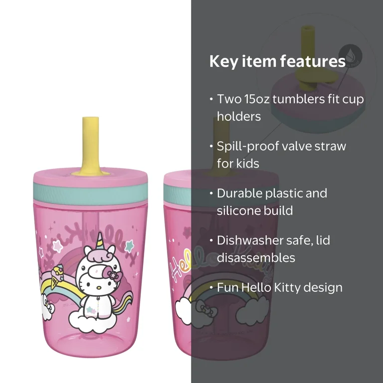 Zak Designs Hello Kitty Cups with Lids and Straws, 15 oz, Leak