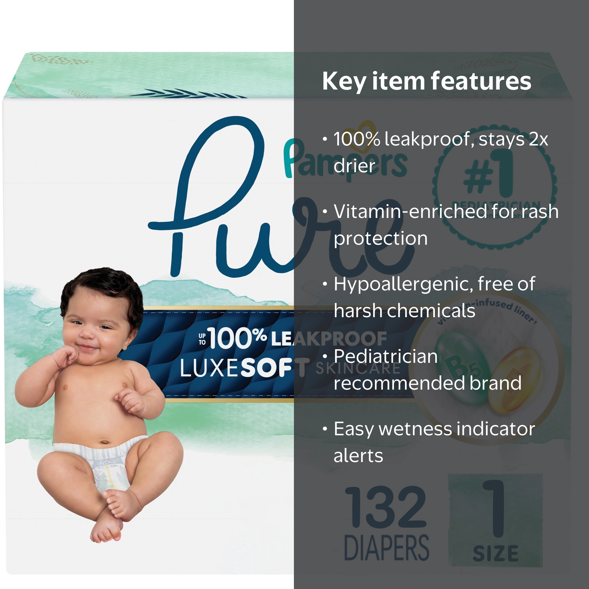 Pampers Pure Diapers Size 1, 132 Count with Wider Wetness