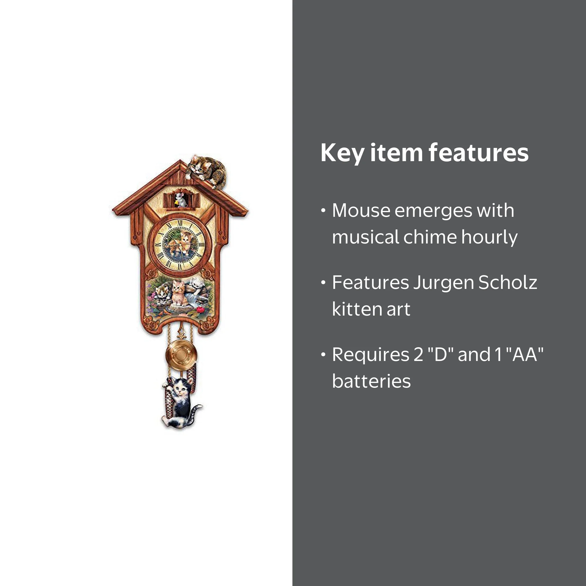 Bradford Exchange Quartz Kitten Art Indoor Cuckoo Clock, Pendulum