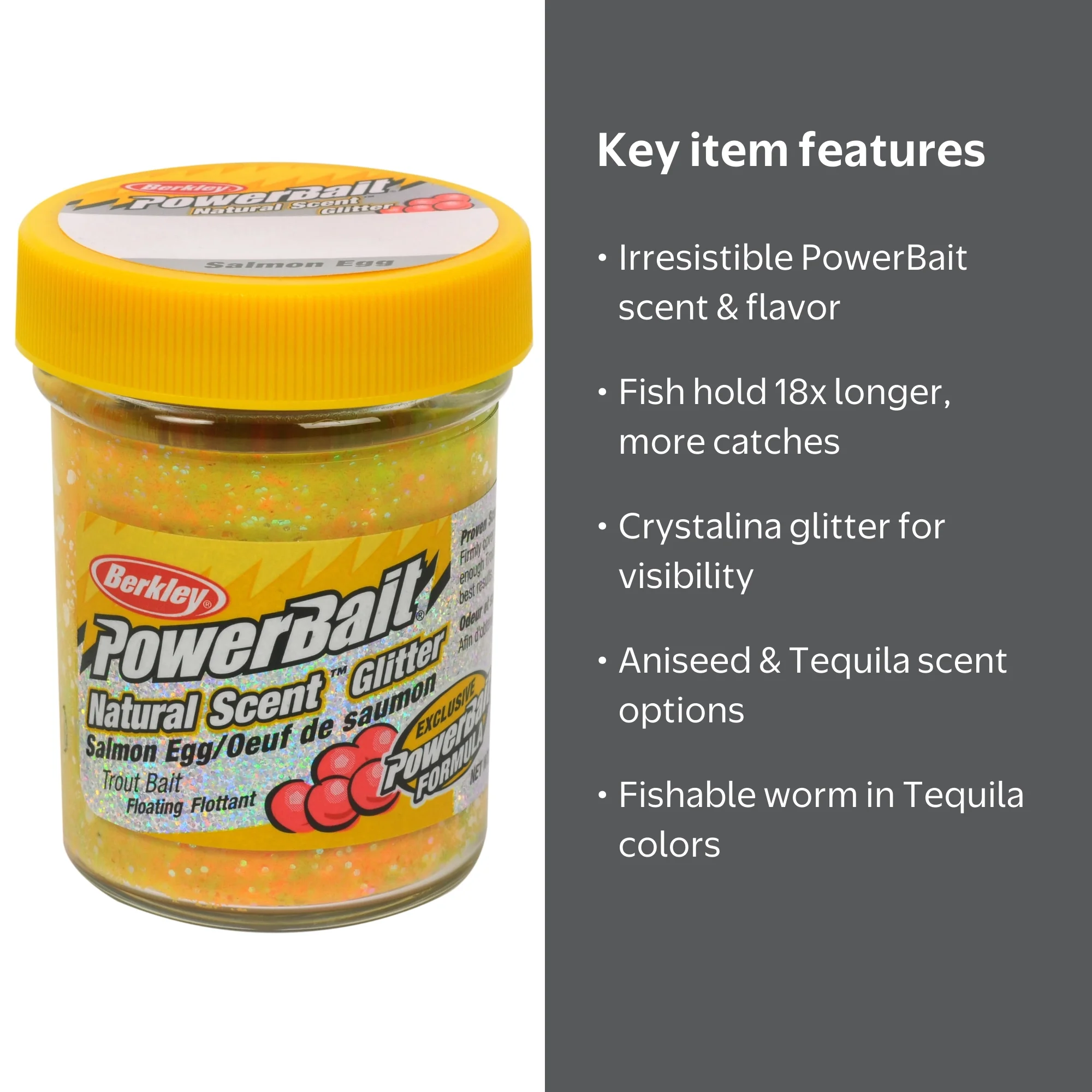 berkley fishing berkley powerbait glitter trout bait Natural Red / Salmon Egg use Proven Powerbait formula No trout can resist the duo color and scent combination! PowerBait® Glitter Chroma-Glow Dough |