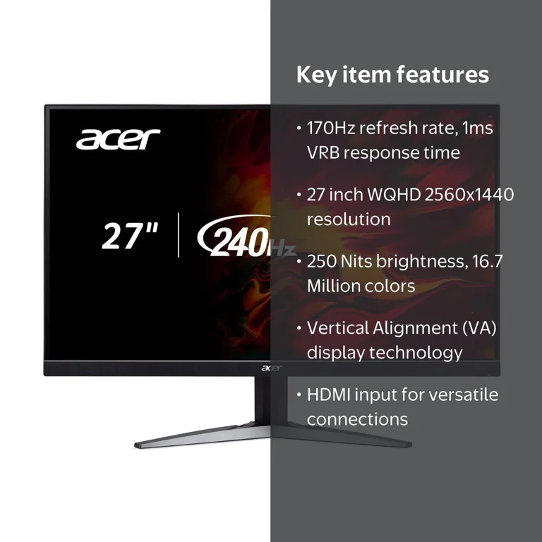 Acer Nitro KG271U 27inch Gaming Monitor, 2560x1440, 240Hz, 0.5ms