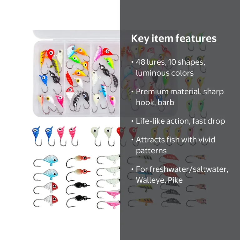 best ice fishing lure for panfish Beaver Dam - Perfect Kit 48pcs Luminous Ice Fishing Gear Crappie Panfish Jigs Head Fishing Hooks Set for Winter Ice Jigging Walleye Perch Bluegill Catch Crappie Best Panfish Ice