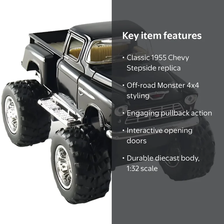 1955 Chevy Stepside Monster Truck – 1/32 Kinsmart 1955 Chevy Stepside Pickup Truck, Black, 1:32 Scale