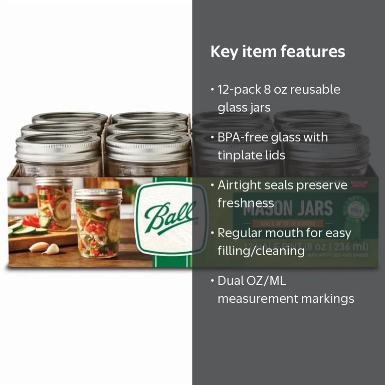 Ball, Glass Canning Jar, 8 oz, Regular Mouth, 12 Count - Walmart.com