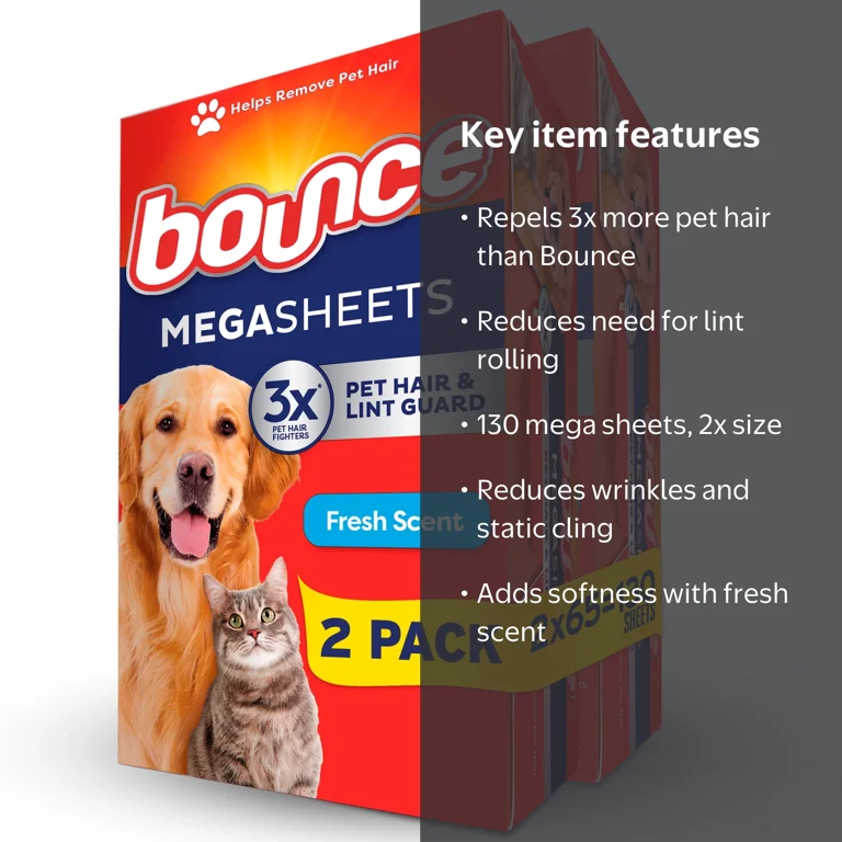 Bounce, Dryer Sheets, 130 Mega, Pet Hair and Lint Guard, Fresh