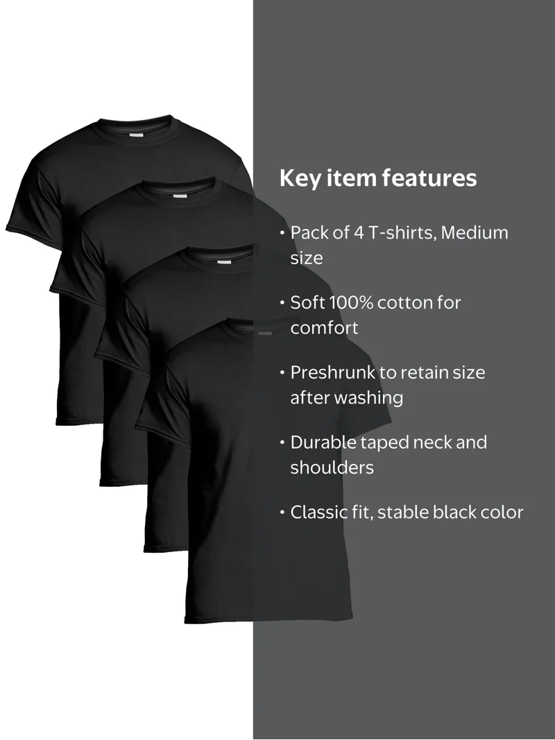 Gildan Men's Multipack Cotton Short Sleeve Black Crew T-Shirts, 4