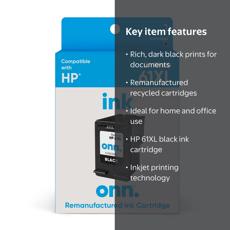 onn, Remanufactured Ink Cartridge, HP 61XL Black, Compatible with