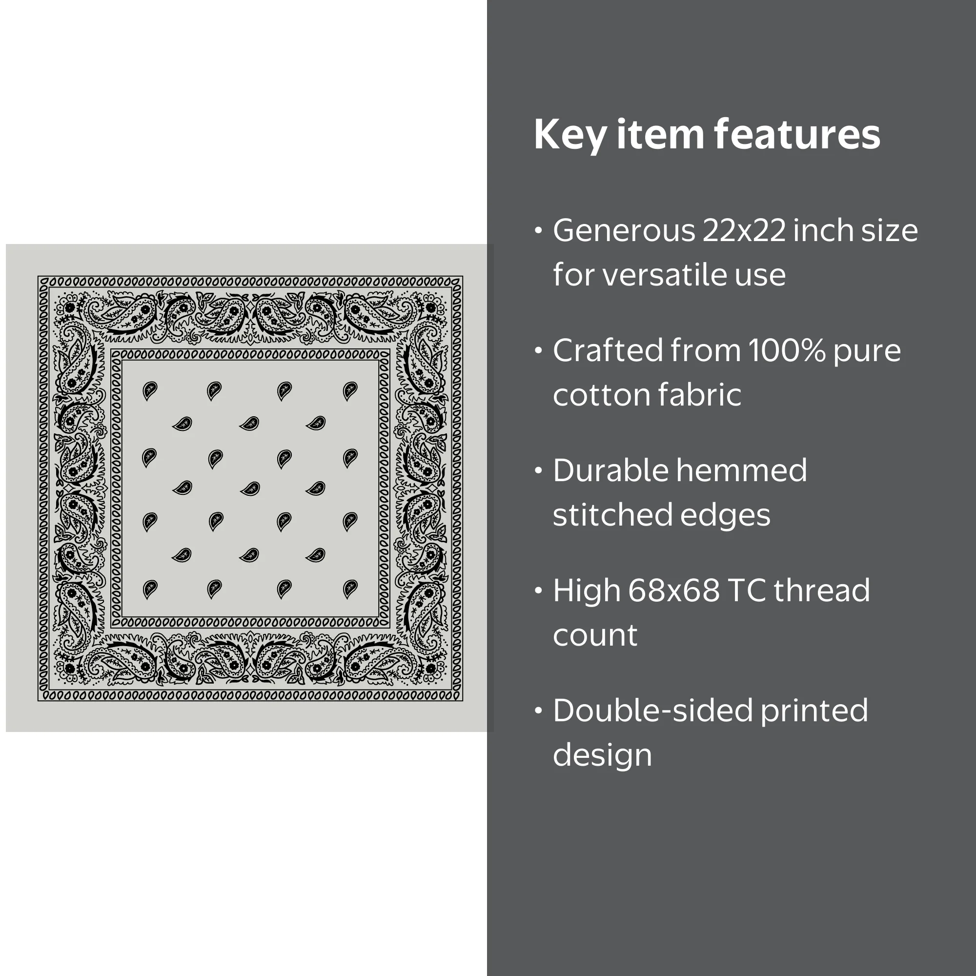 Light Grey Paisley Bandana - Single Piece 22x22 - Walmart.com
