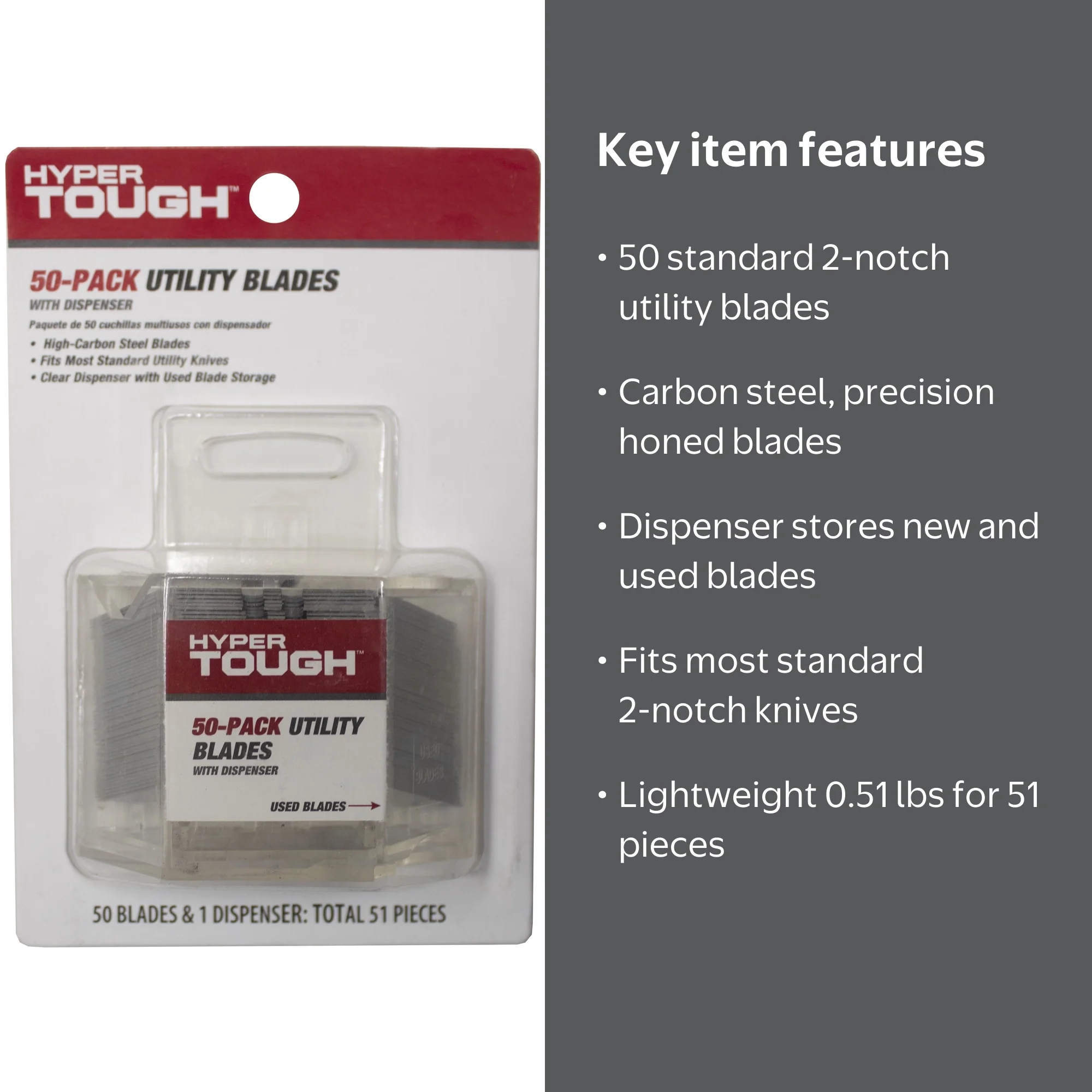 Hyper Tough 50-Pack Utility Blades Dispenser Heavy-Duty Carbon