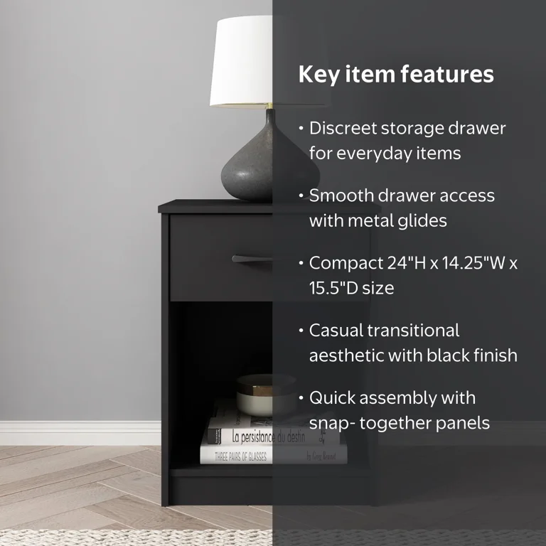 Free Shipping! Mainstays Black Nightstand with 1 Drawer, Sleek and