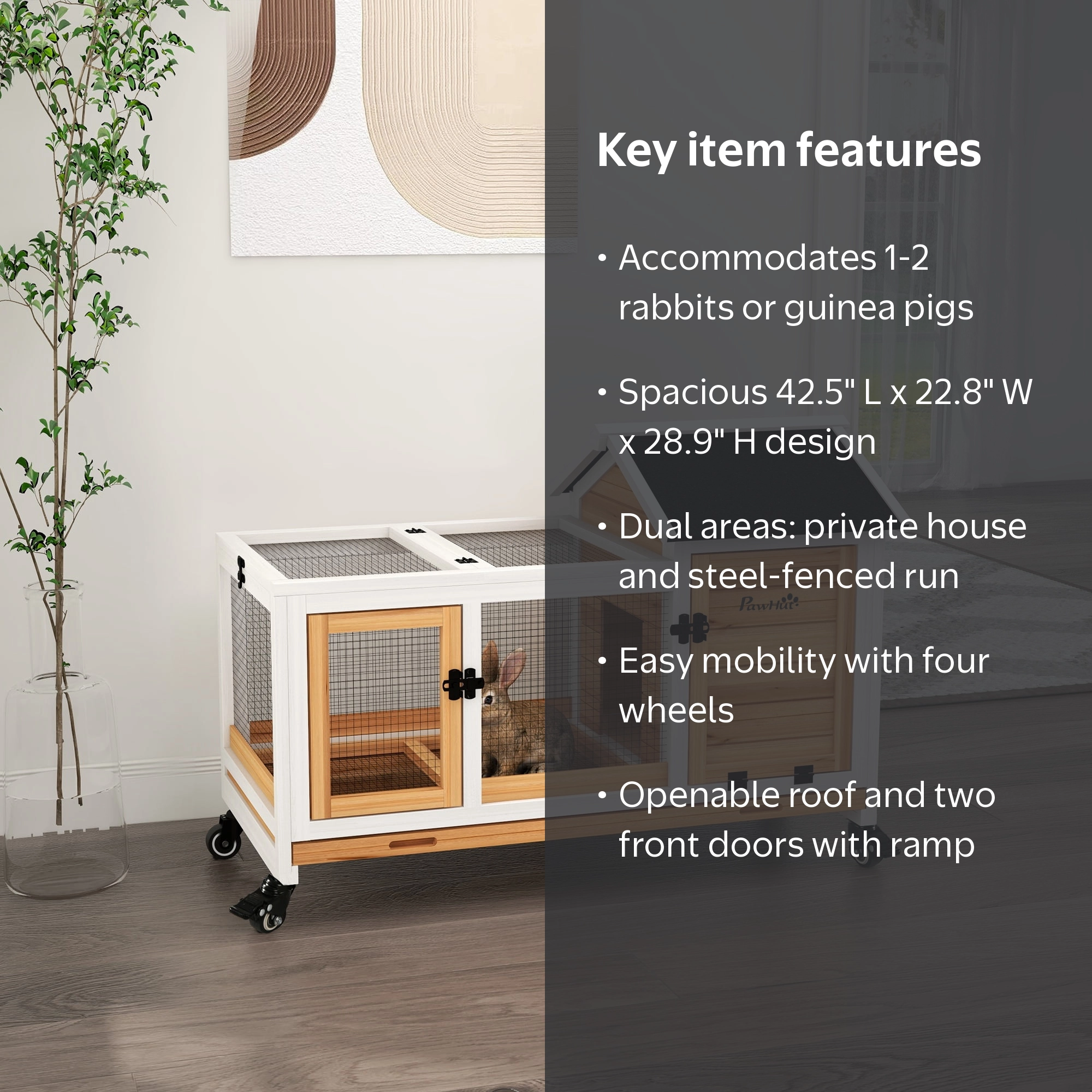 【快適ラビットハウス】？ PawHut Indoor Outdoor Wooden Rabbit Hutch with Wheels, Large Bunny
