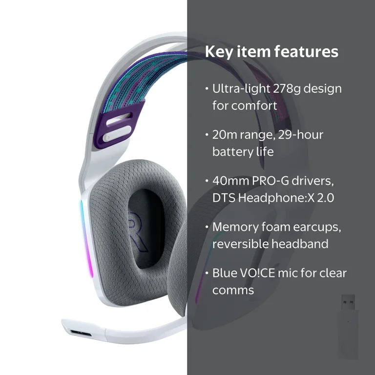 Logitech G, LIGHTSPEED Wireless Gaming Headset, White, Blue VO!CE