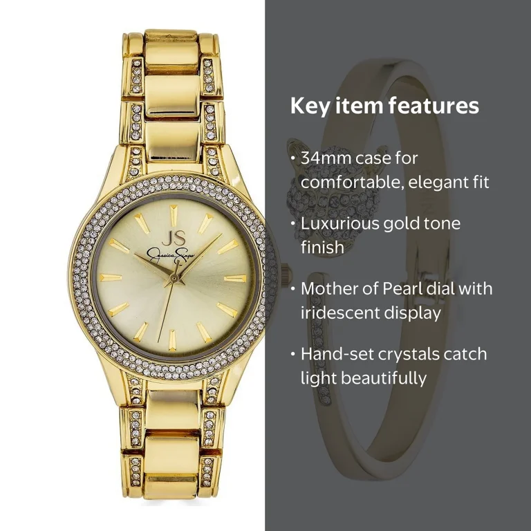 Jessica Simpson Ladies 34mm Gold Tone Crystal Accent Mother Of