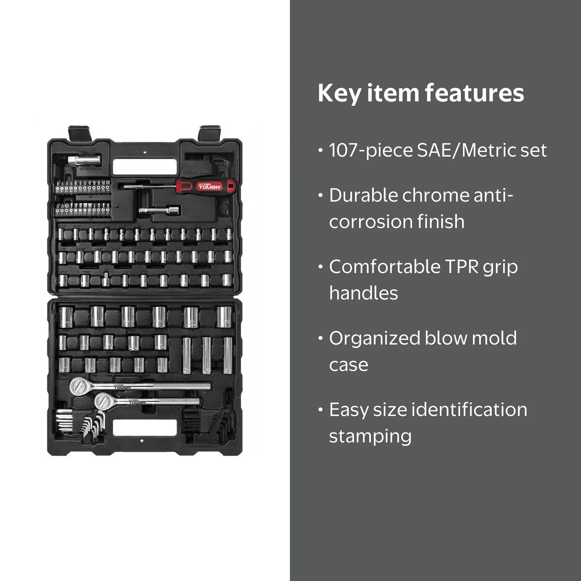 Hyper Tough 107 Piece 1/4, 3/8, 1/2 inch Drive Socket Set For