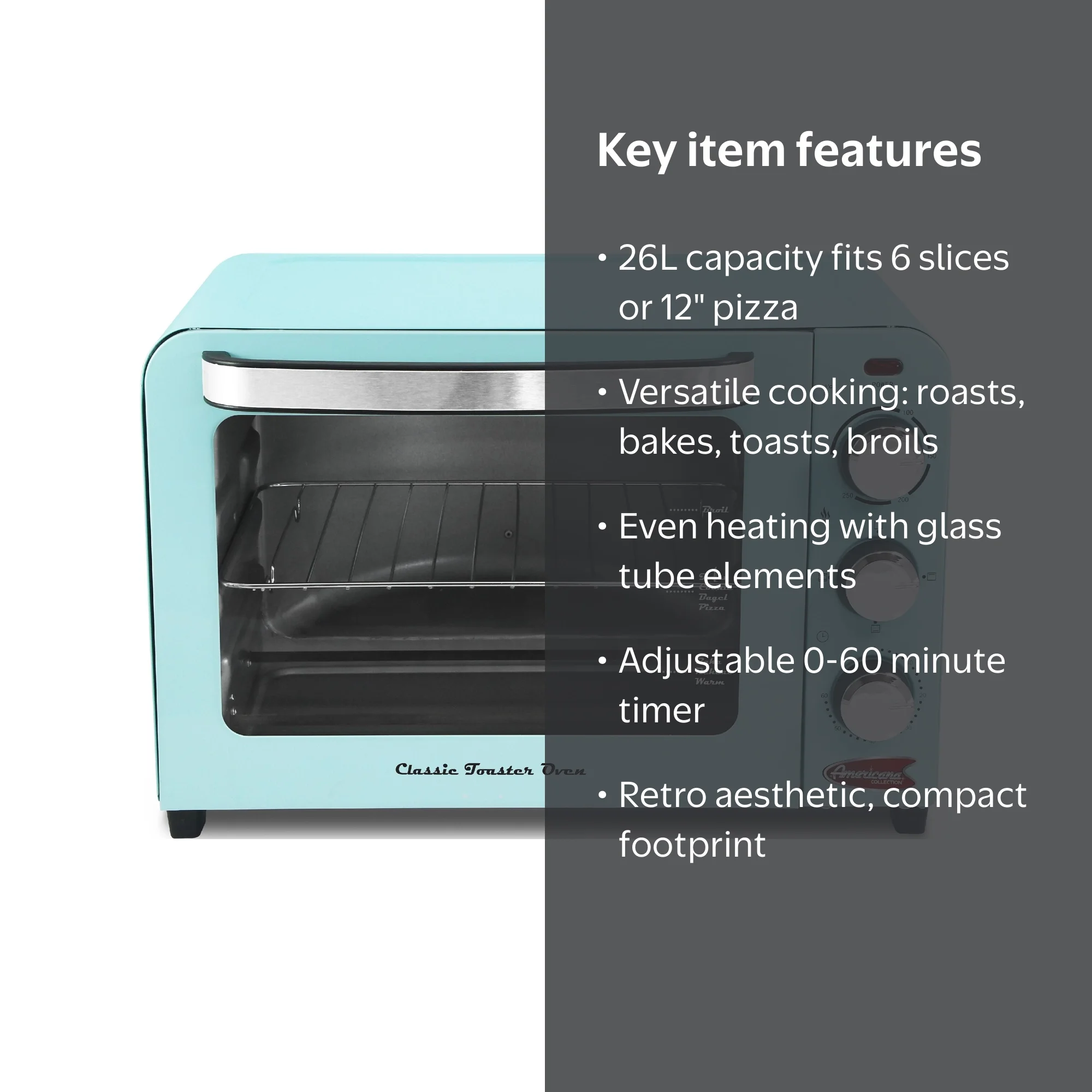 Elite Gourmet ERO-2600XBL New 6 Slice/26L Retro Toaster Oven