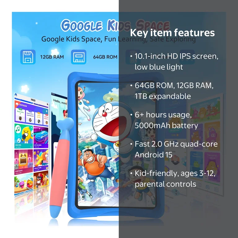 Kids Tablet, Android 15 Tablet for Kids 10.1 inch Ouad-Core with