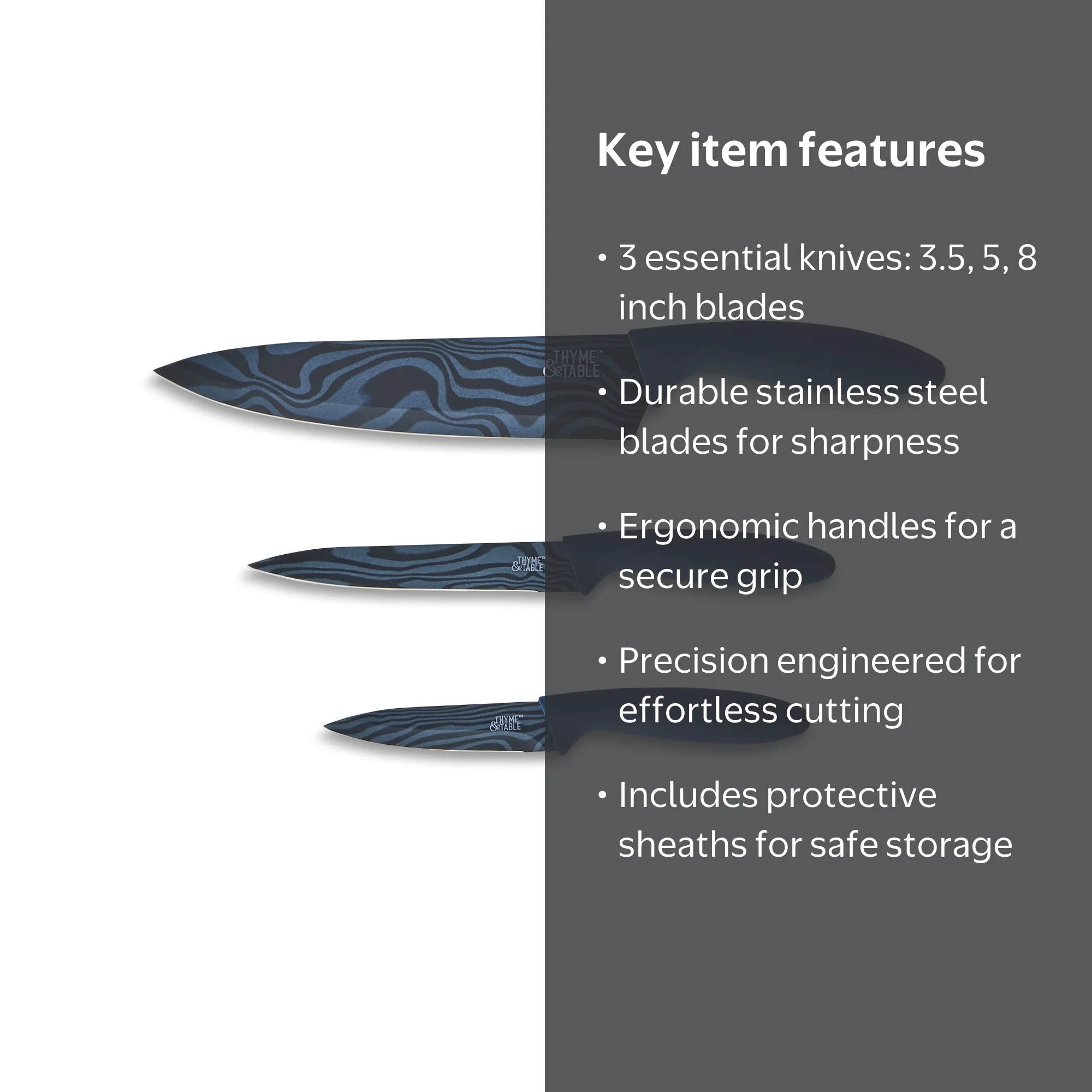 Thyme & Table 3-Piece Stainless Steel Blue Swirl Knife Set with