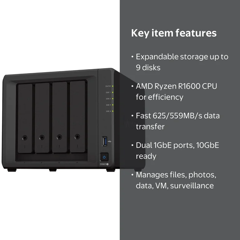 Synology DiskStation DS923+ 4-Bay NAS Enclosure, AMD Ryzen R1600