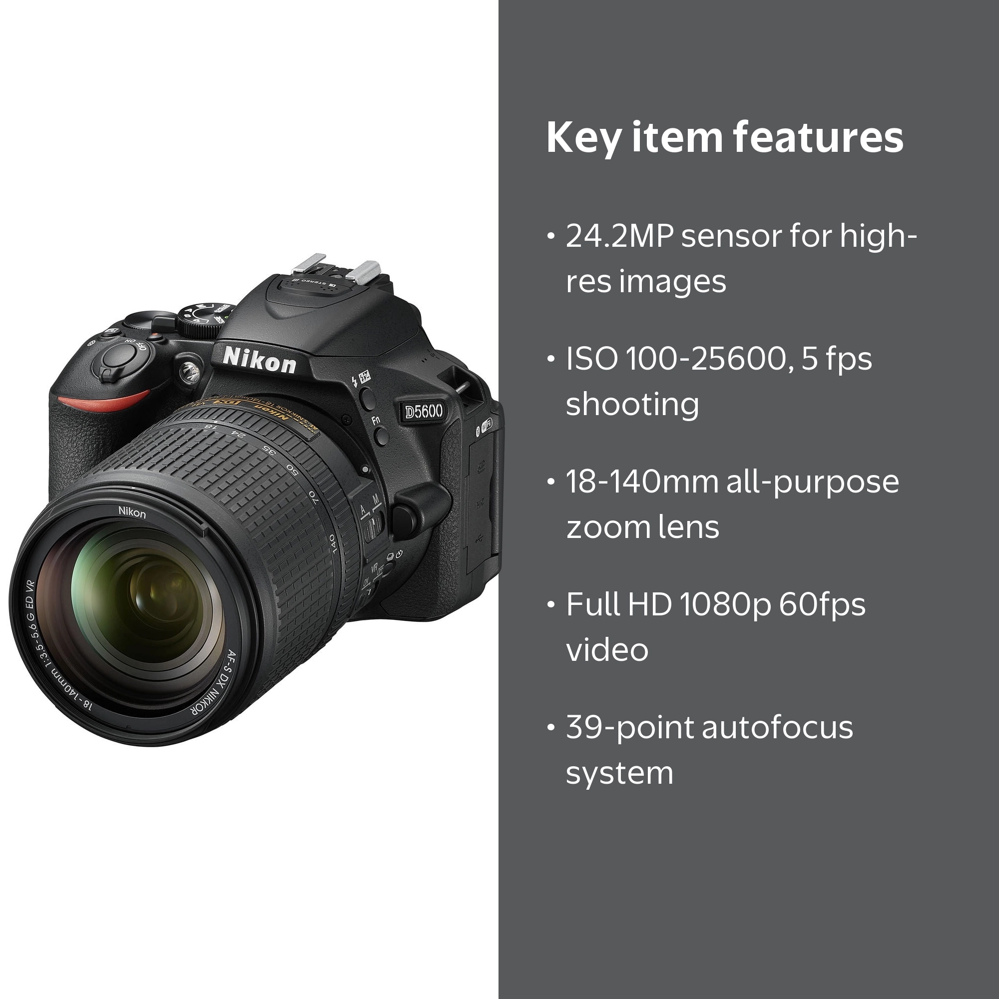 Nikon D5600 Compact DSLR Camera with 18-140mm VR Lens, 24.2MP