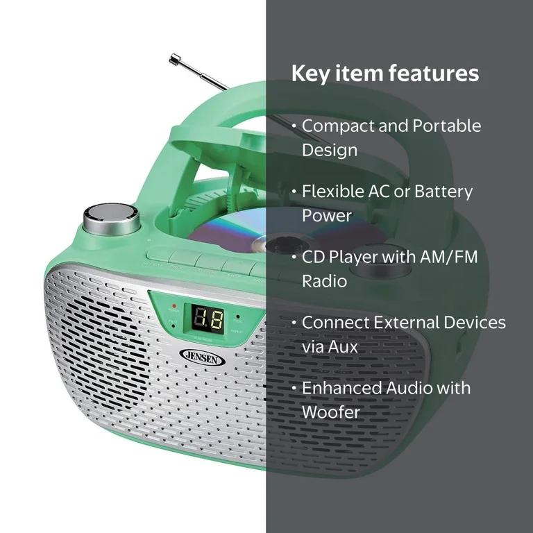 Jensen, Bluetooth MP3 Boombox, CD-485-GR, Portable Green Stereo
