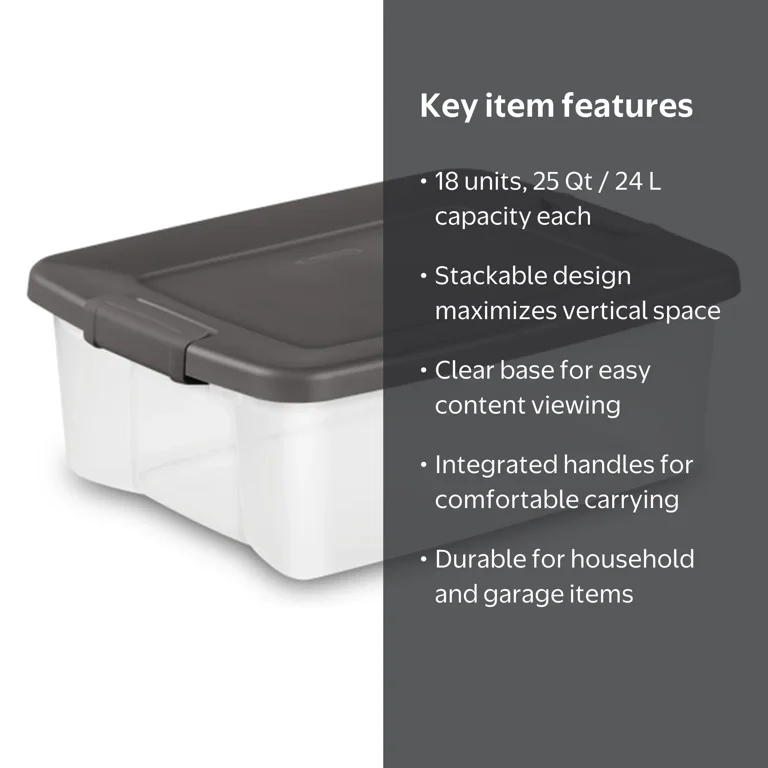 Sterilite 25 Quart Shelf Tote with Flat Gray Lid and Platinum