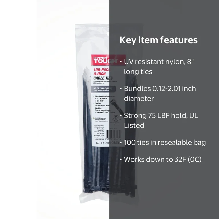 Hyper Tough 8 inch Cable Ties Black 75lb Tensile Strength 100 Pack