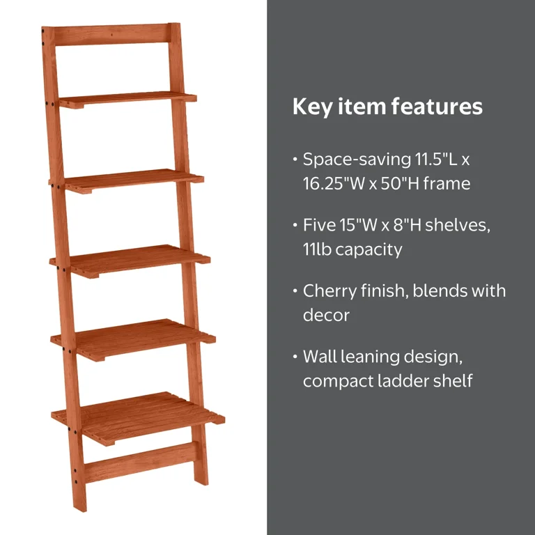 Lavish Home Cherry Finish 5-Tier Slatted Wood Leaning Ladder Shelf