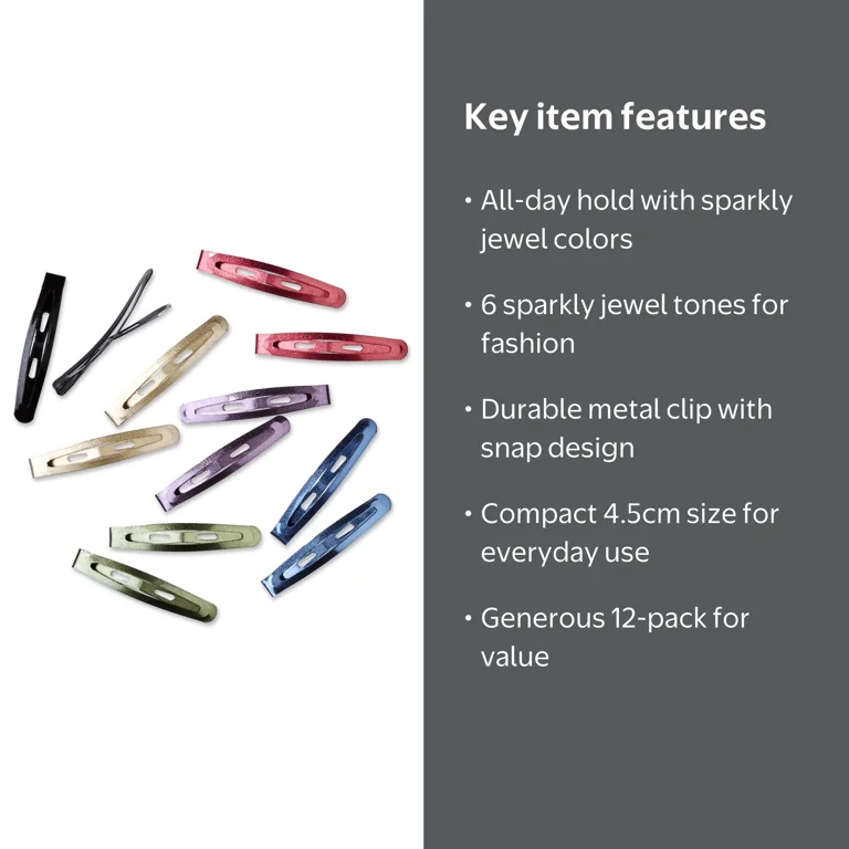 scunci, Metal Open-Center Snap Clip Barrettes, 12ct, All Day Hold