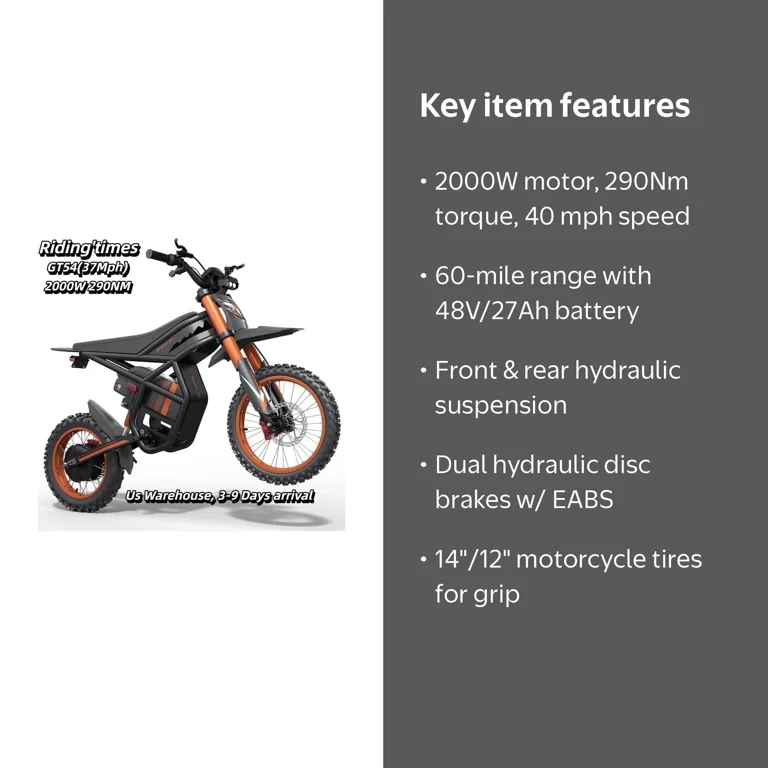 Riding'times GT54 Electric Dirt Bike for Teens Adults 2000W Motor