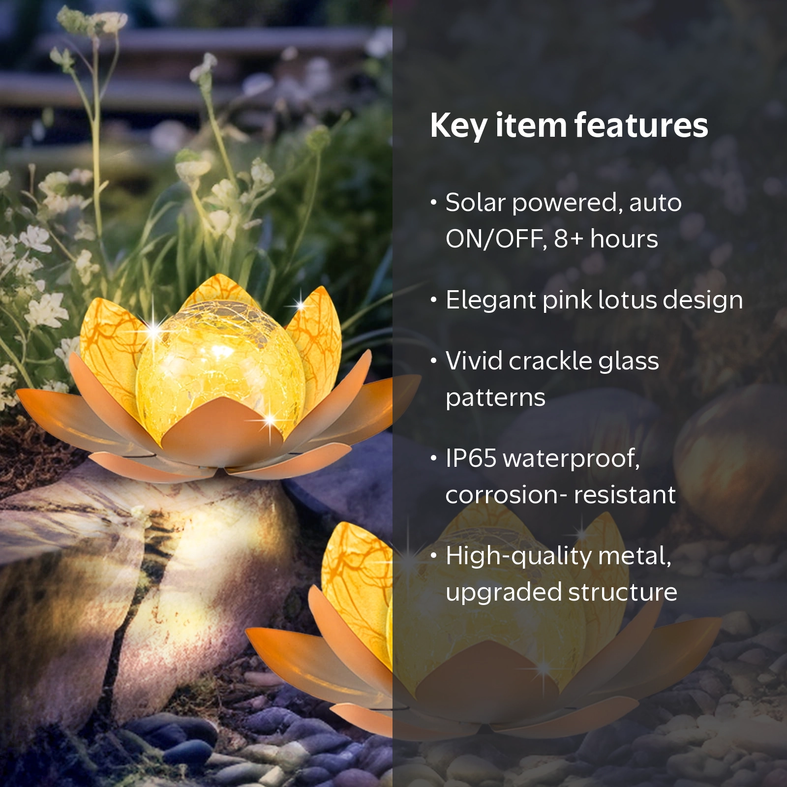 Waitmin Solar Powered LED Garden Light Crackle Glass Pink Lotus