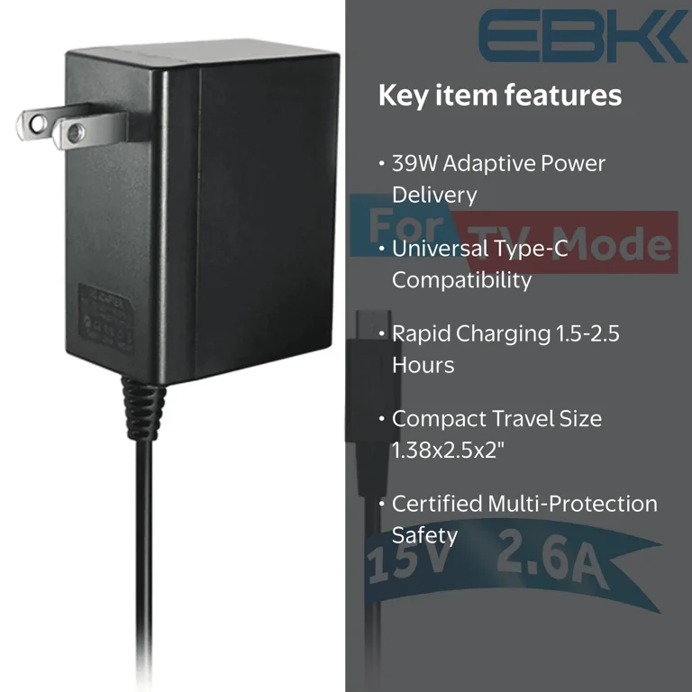 Nintendo, Charger, 5 FT Cable, 15V 2.6A Support TV Mode - Walmart.com