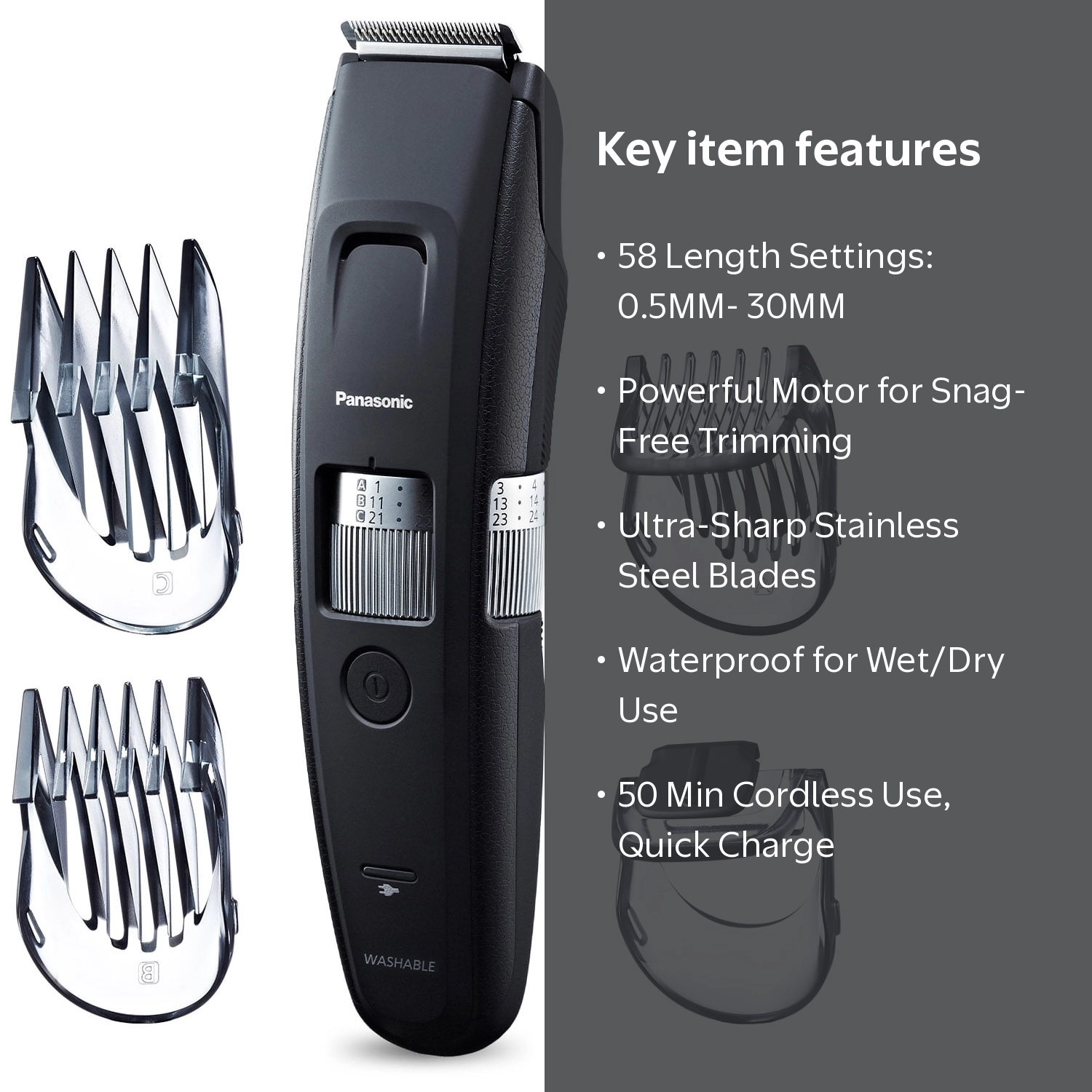 Panasonic Long Beard Trimmer, Waterproof, 4 Comb Attachments