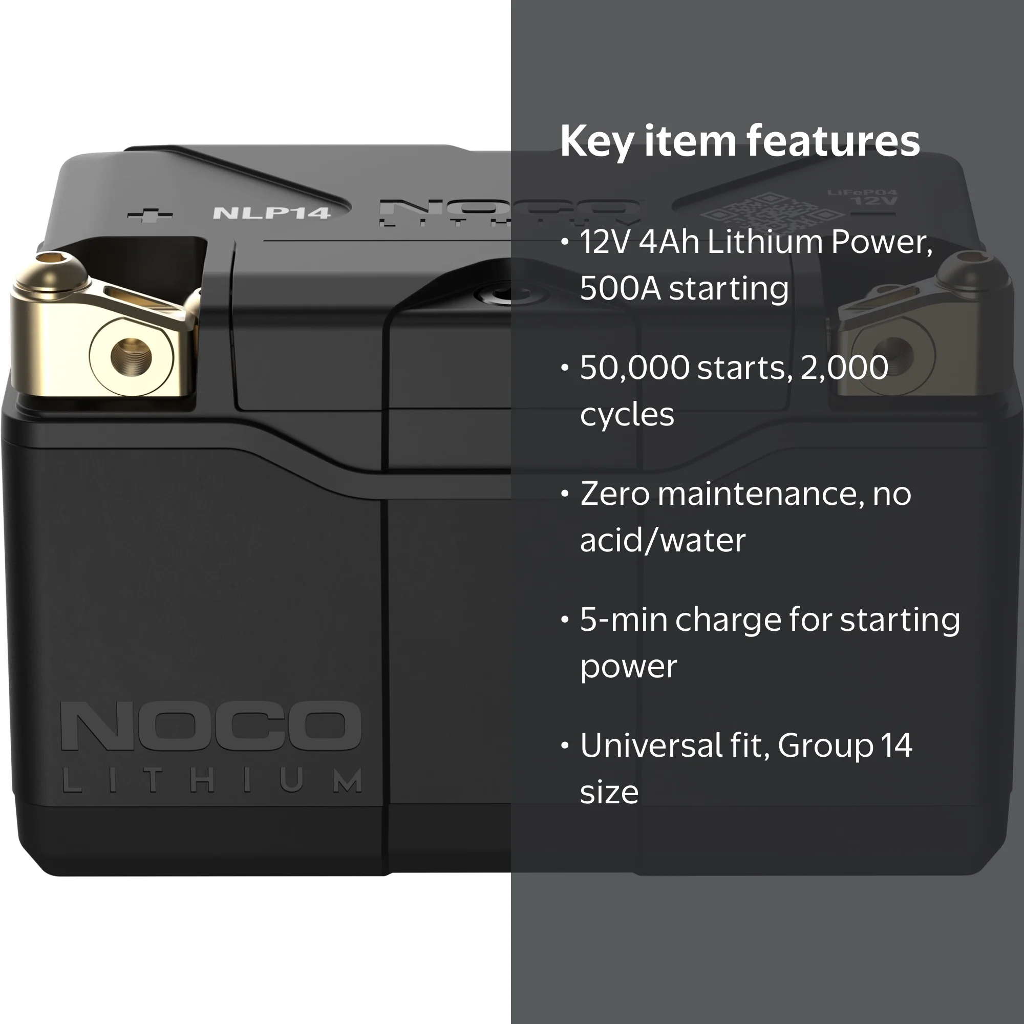 NOCO Lithium Powersport Battery, YTX14S, 4Ah 500A 12V Black