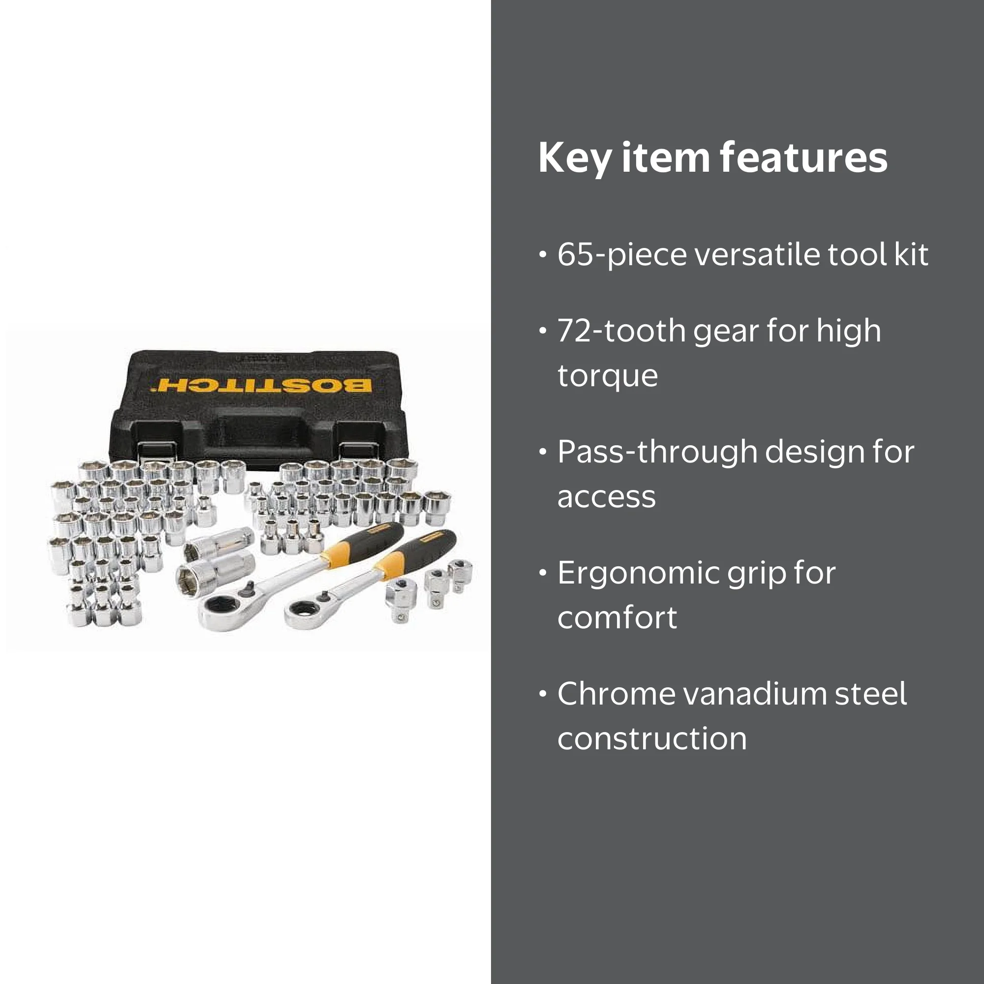 BOSTITCH BTMT72287, 65-Piece Pass Thru Socket Wrench & Set, 65