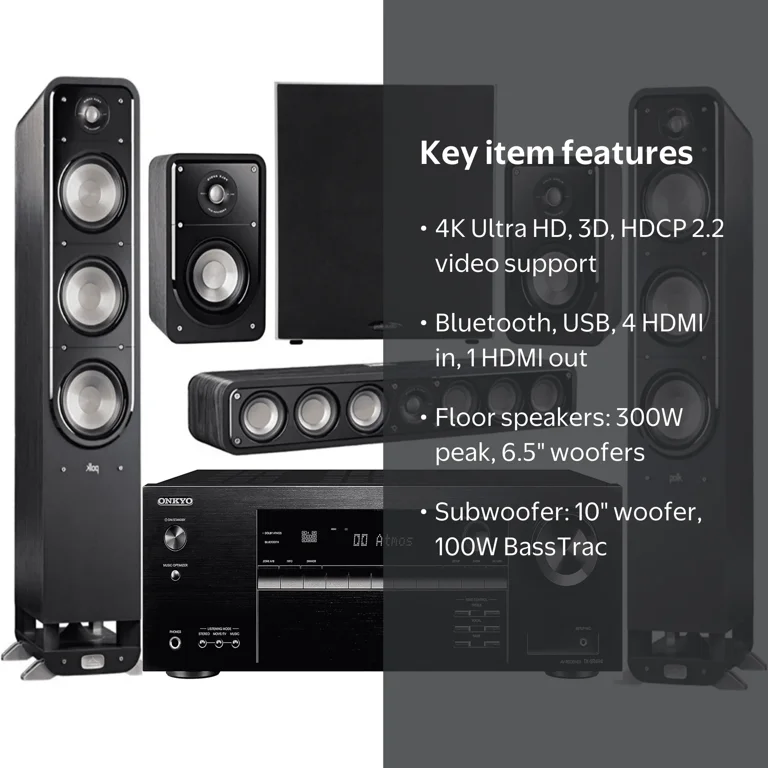 ONKYO ホームシアターシステム セット Onkyo 7.2-Ch Wireless Bluetooth 4K 3D A/V Receiver + Polk Dolby