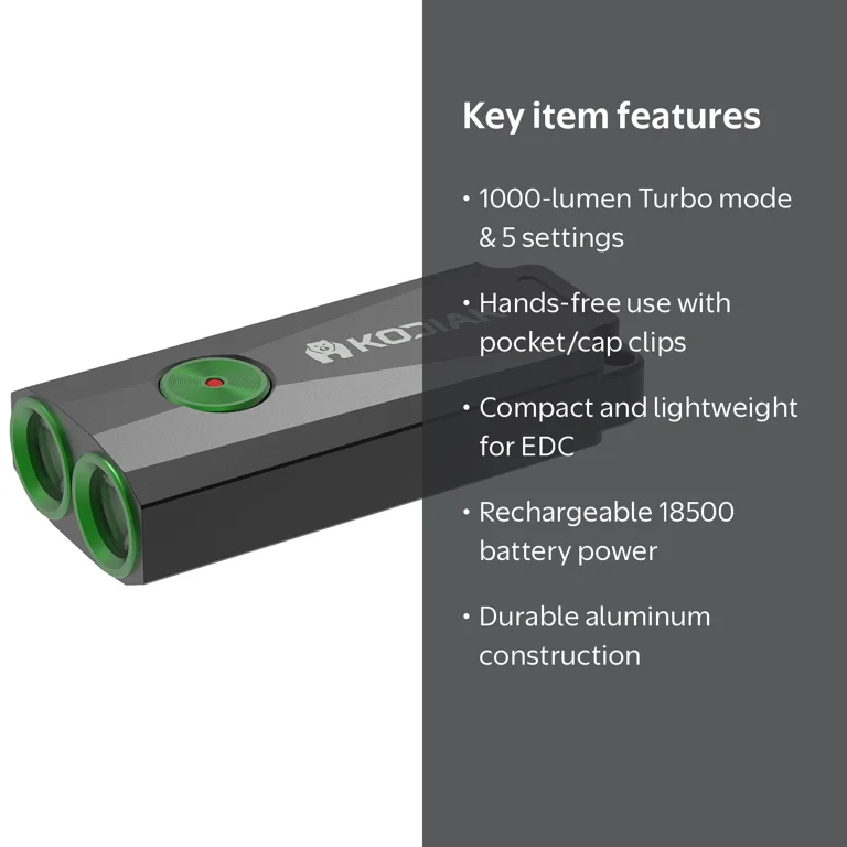 Kodiak Kompact 1000-Lumen LED Flashlight, Rechargeable Portable
