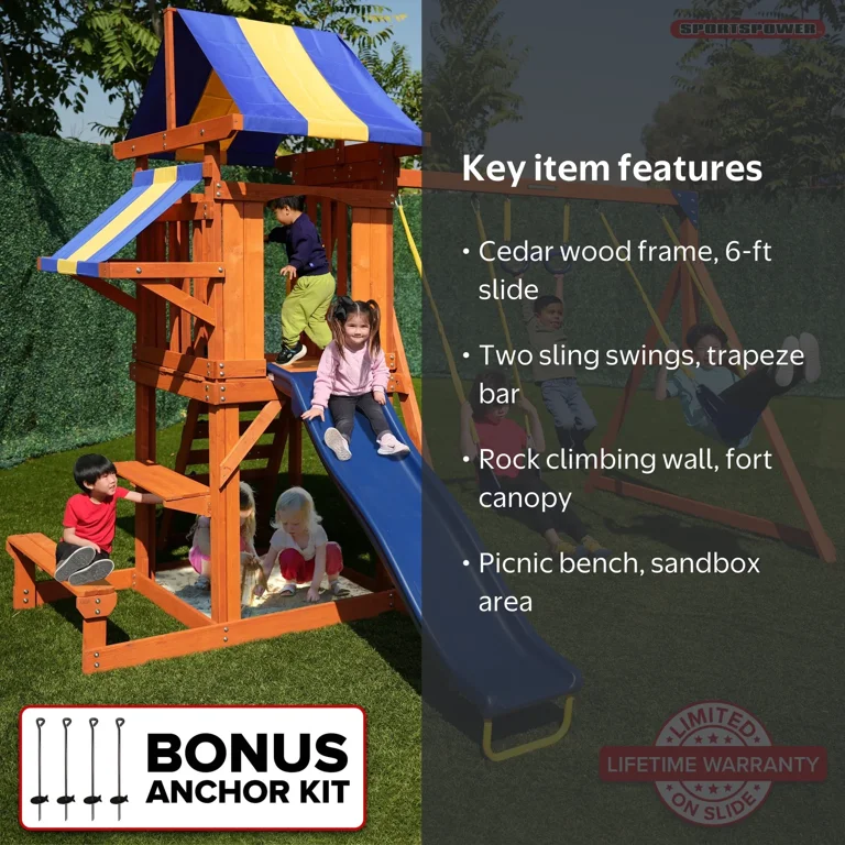 Sportspower Sunnyslope Wooden Swing Set with Play Fort, Trapeze
