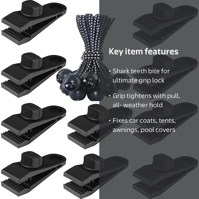 60-Piece Tarp Clamp & Bungee Cord Set – 30 Heavy-Duty Nylon Clips + 30 Elastic Cords, For Camping, Canopies, Covers, And Outdoor Tents