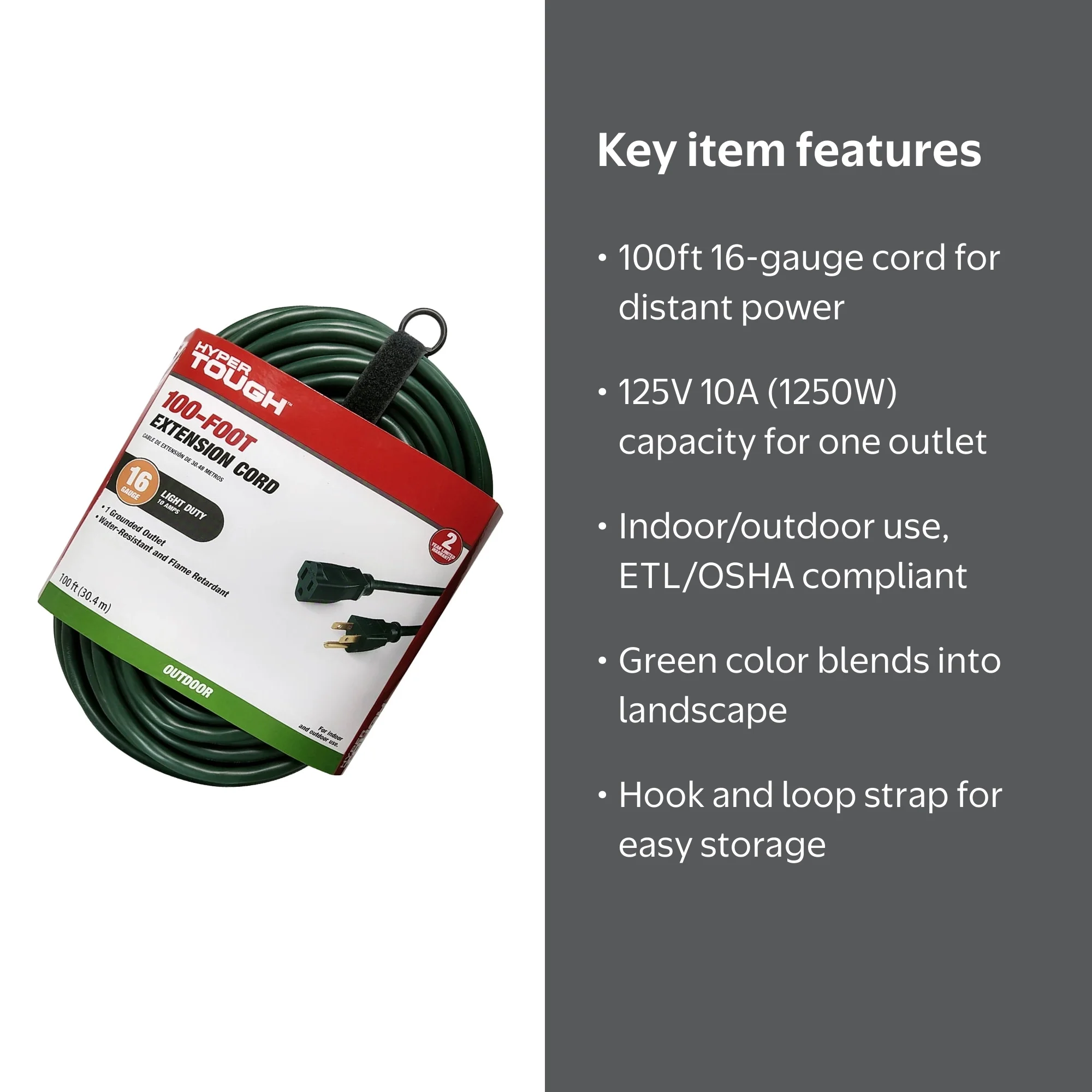 Hyper Tough, Outdoor Extension Cord, 100FT 16AWG 3 Prong, Green
